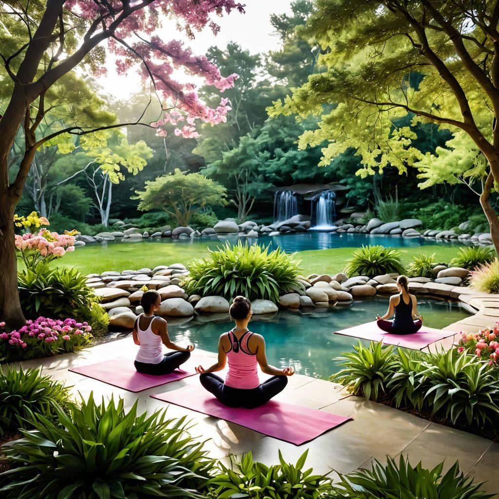 A serene landscape featuring a diverse group of individuals participating in holistic health practices like yoga and meditation, surrounded by vibrant green nature. Include symbols of cancer awareness, such as a pink ribbon subtly integrated into the scene. Capture a sense of community and empowerment with soft, warm lighting to evoke hope and strength. Include elements of nature, like blooming flowers and calming water features. super-realistic. vibrant colors. organic shapes.