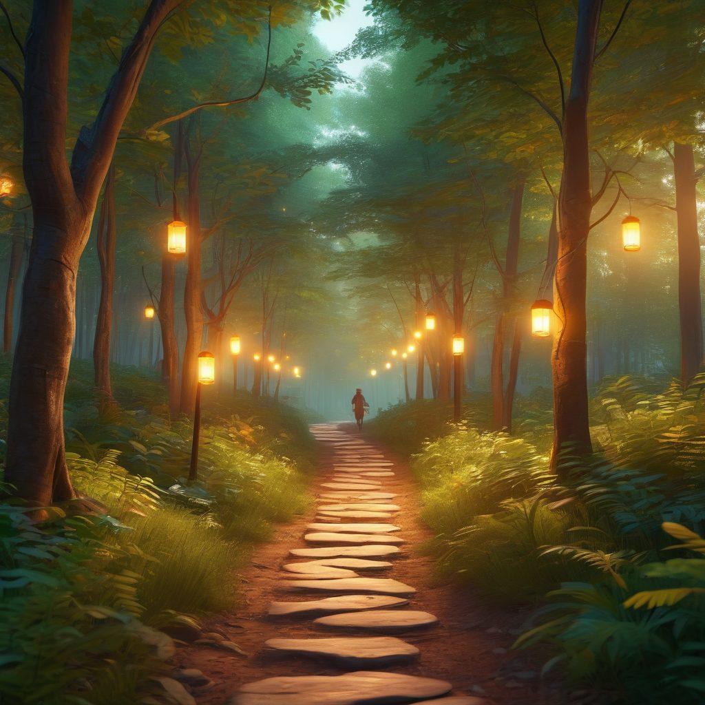 A serene path winding through a lush forest, symbolizing a journey of healing, with glowing lanterns representing support along the way. Include silhouettes of patients and survivors walking together, exchanging encouragement, under a soft, warm light filtering through the trees. The atmosphere should feel hopeful and inviting. vibrant colors. 3D.