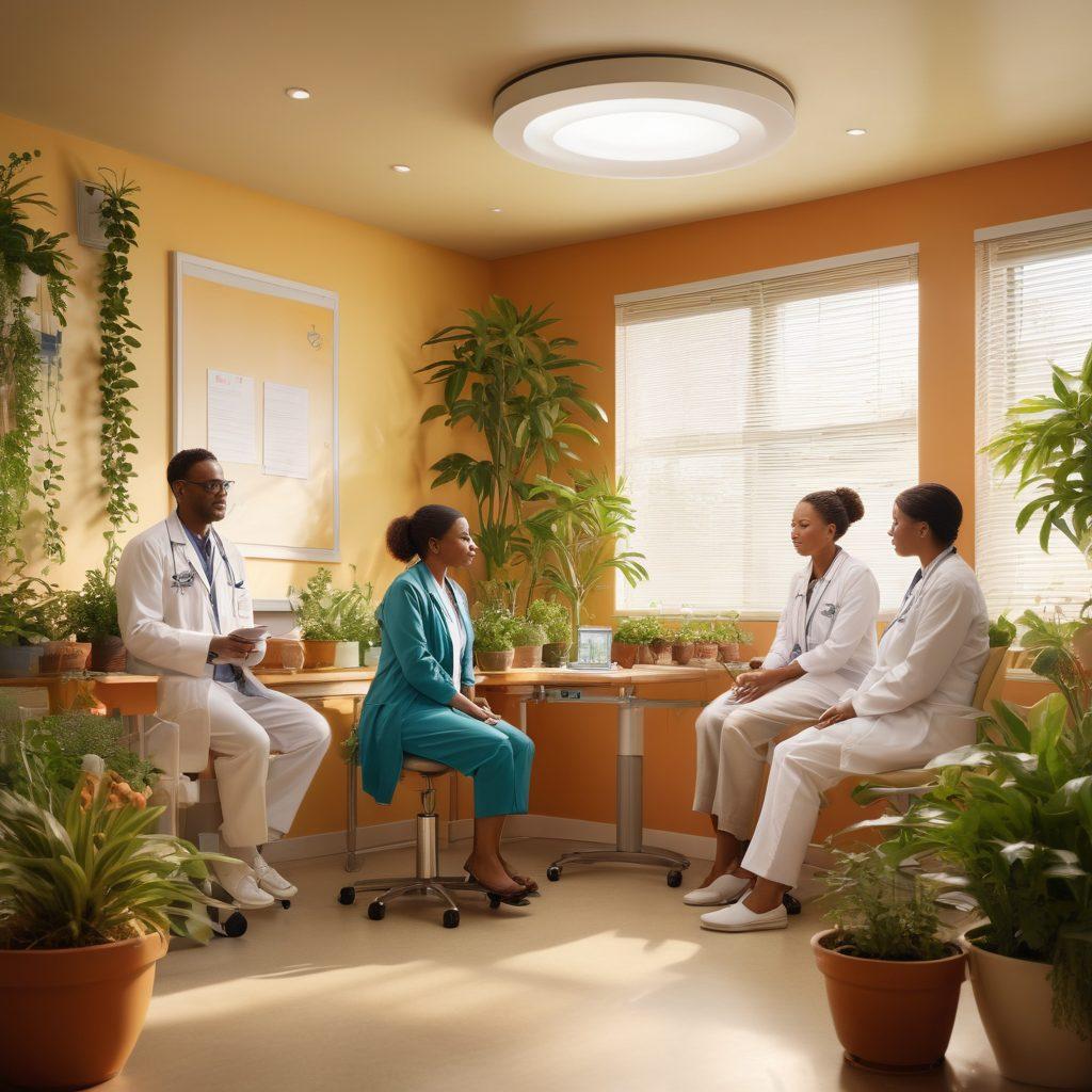 A nurturing scene depicting a diverse group of patients and healthcare professionals engaged in a supportive conversation. Brightly lit clinic setting with plants and soothing decor, highlighting elements of innovation like advanced medical equipment and research materials. Emphasize feelings of hope and empowerment, with warm, inviting colors. super-realistic. vibrant colors. harmonious atmosphere.